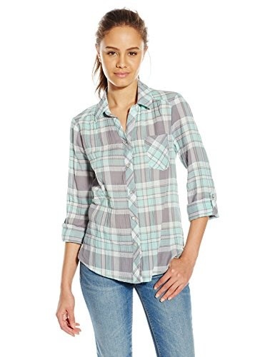 My Michelle Juniors Plaid Button Up Top with Convertible Sleeve and Split Pocket, Mint, Medium My Michelle Juniors Plaid Button Up Top with Convertible Sleeve and Split Pocket, Mint, Medium