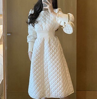 【送料無料】レディース 2カラー ワンピース キルティング 長袖 ハイウエスト パフスリーブ