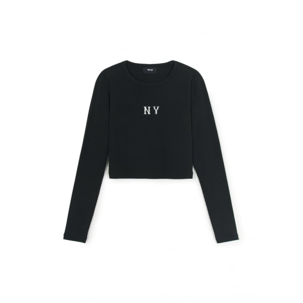 MLB 女性用ベーシッククーパースリムクロップ長袖Tシャツ NY (ブラック)