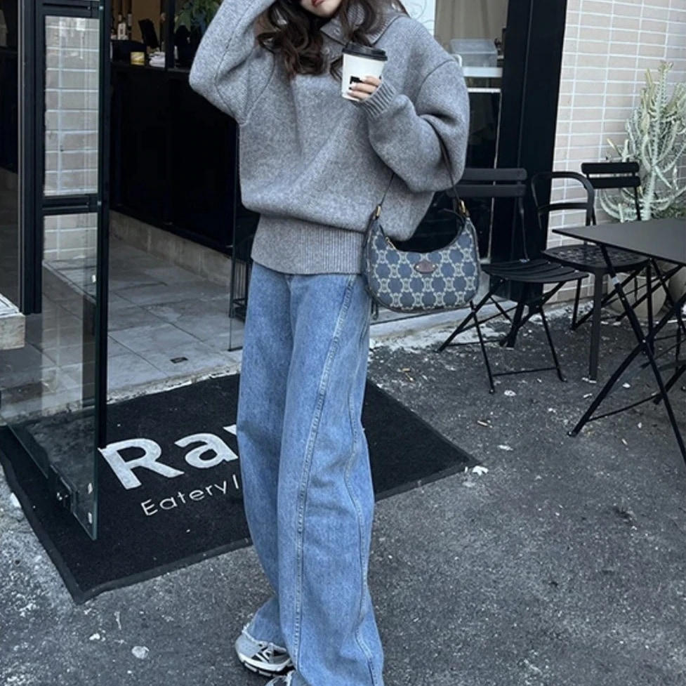 セットアップ ニット＋デニムセットアップ 2点セット 上下セット ツーピース オーバーニット＋ワイドデニムパンツ 長袖 ドロップショルダー 襟付き ワイド ストレート フルレングス ジーンズ