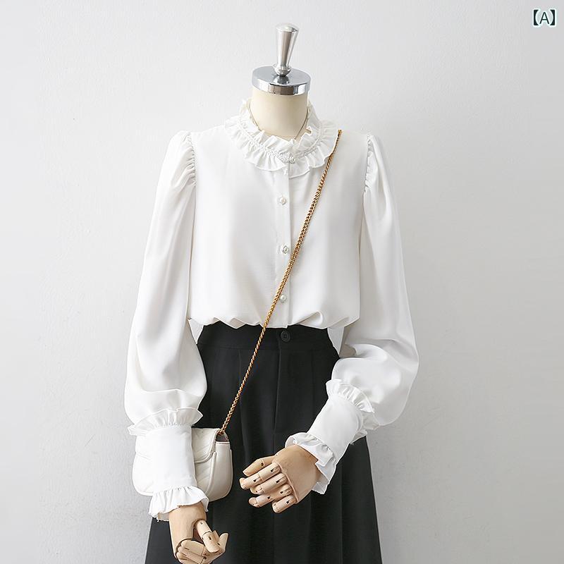 レディース シャツ ブラウストップス 長袖 春秋 フレンチ フリル スタンドカラー フェミニン エレガント シック ショート 白 ミニマル 上品 レトロ感 ヴィンテージ 洗練 スタイリッシュ