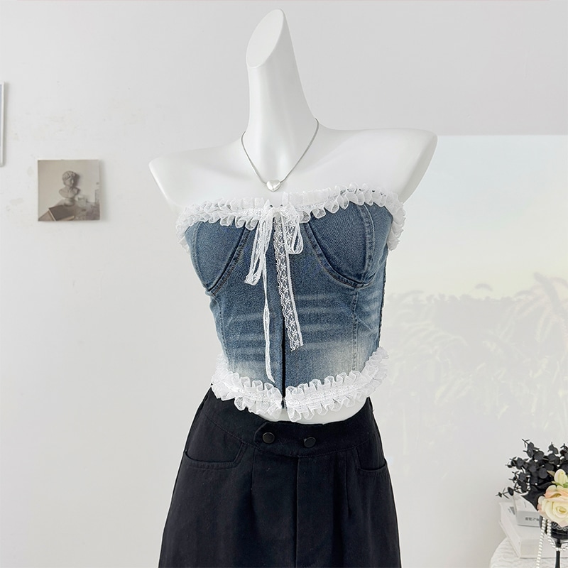 【1点ご購入 で10点プレゼントいたします】甘辛純欲風レースのパッチワーク系デニムベスト女夏2025修身着やせ見えショート丈胸拭きトップス 100,355円