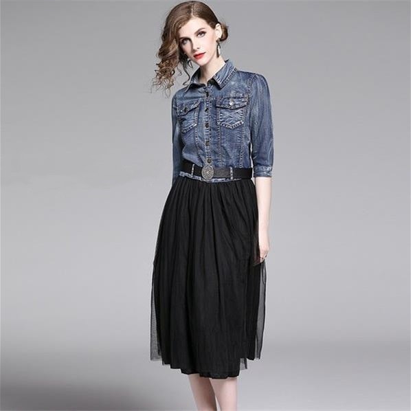 ロングワンピースデニムワンピースチュール切り替えAラインファッションワンピース五分袖開襟着痩せ女子会二次会デート通勤おしゃれ