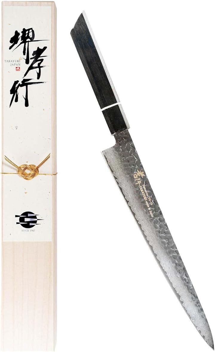 堺孝行 プロの料理人が愛用する包丁ブランド閃黒 ダマスカス 筋引き 240mm V金10号 vg10 33層槌目 樫漆柄 青木刃物製作所 型番s24004