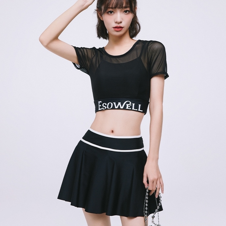 スイムウエア 水着 セパレート水着 半袖 ラウンドネック ハイウエスト スカート 洋服みたい シースルー 可愛い かわいい 大人可愛い レトロ シンプル カジュアル 大人 おしゃれ お洒落 大人女子