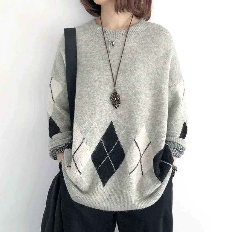 【可愛いデザイン】 個性的なデザイン シンプル ラウンドネック 幾何模様 プリント 切り替え ニット 5,203円