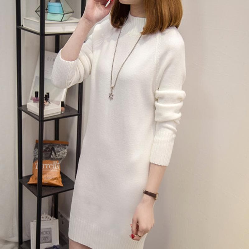 ミディアム丈プルオーバーセーターゆったり純色ニットラウンドネックボトムセーター女との長袖アンチピリング