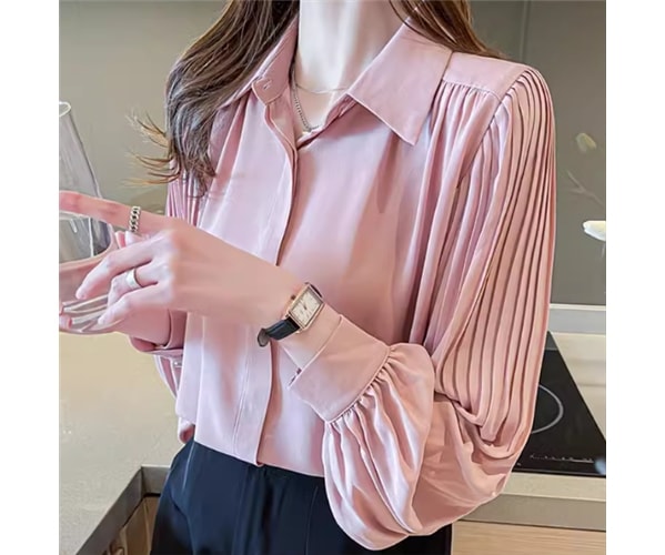 レディース トップス シャツ ミドル丈 長袖 ボリューム袖 バルーン袖 ランタンスリーブ 襟付き ポロカラー ストレート フェミニン プリーツ シフォン 前開き ボタン かわいい 大人可愛い きれいめ