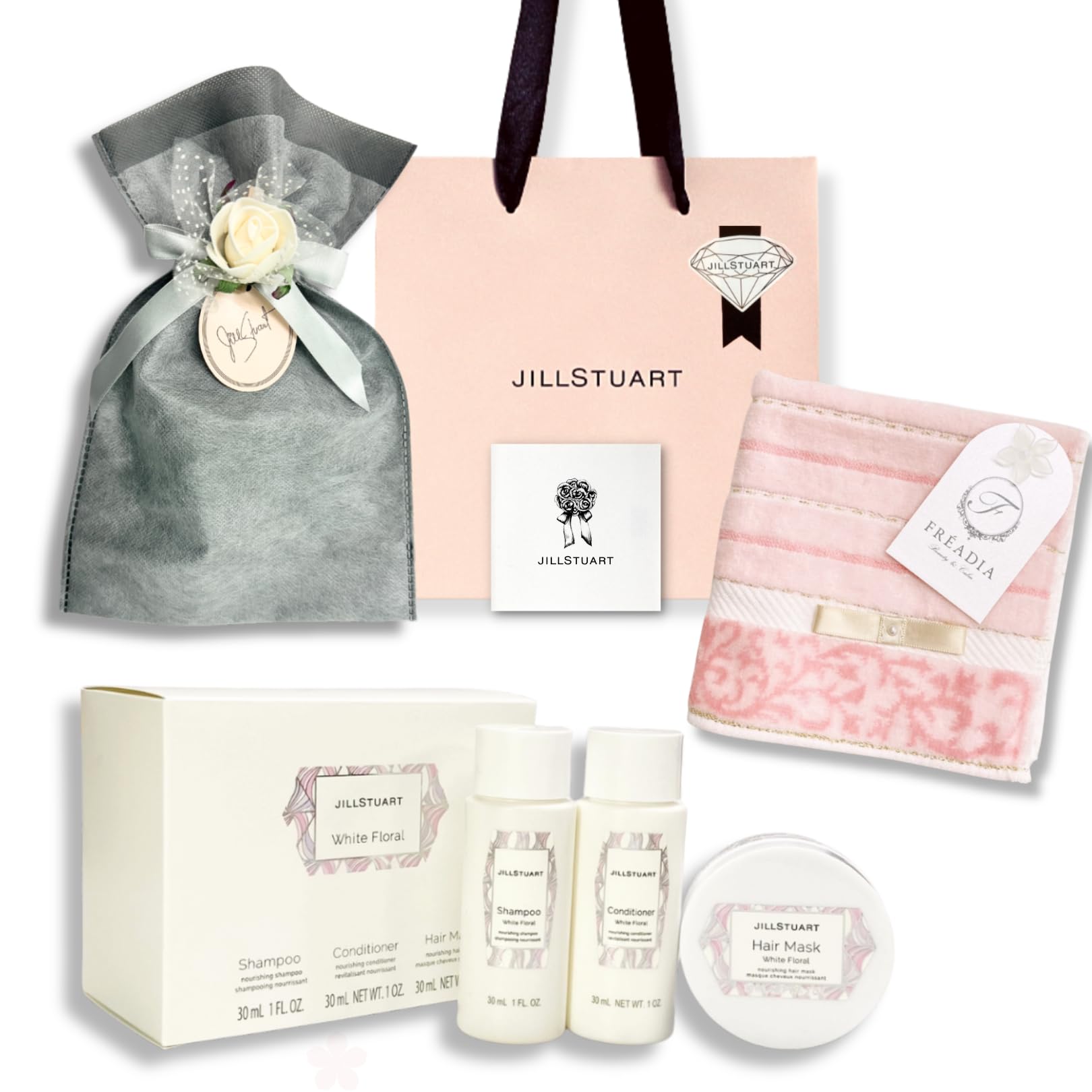 【セット品・ラッピング済み】JILL STUART ジルスチュアート ホワイトフローラル ヘアケア トラベルセット（シャンプー ＆ コンディショナー＆ ヘアマスク）トラベルキット & FREADIA