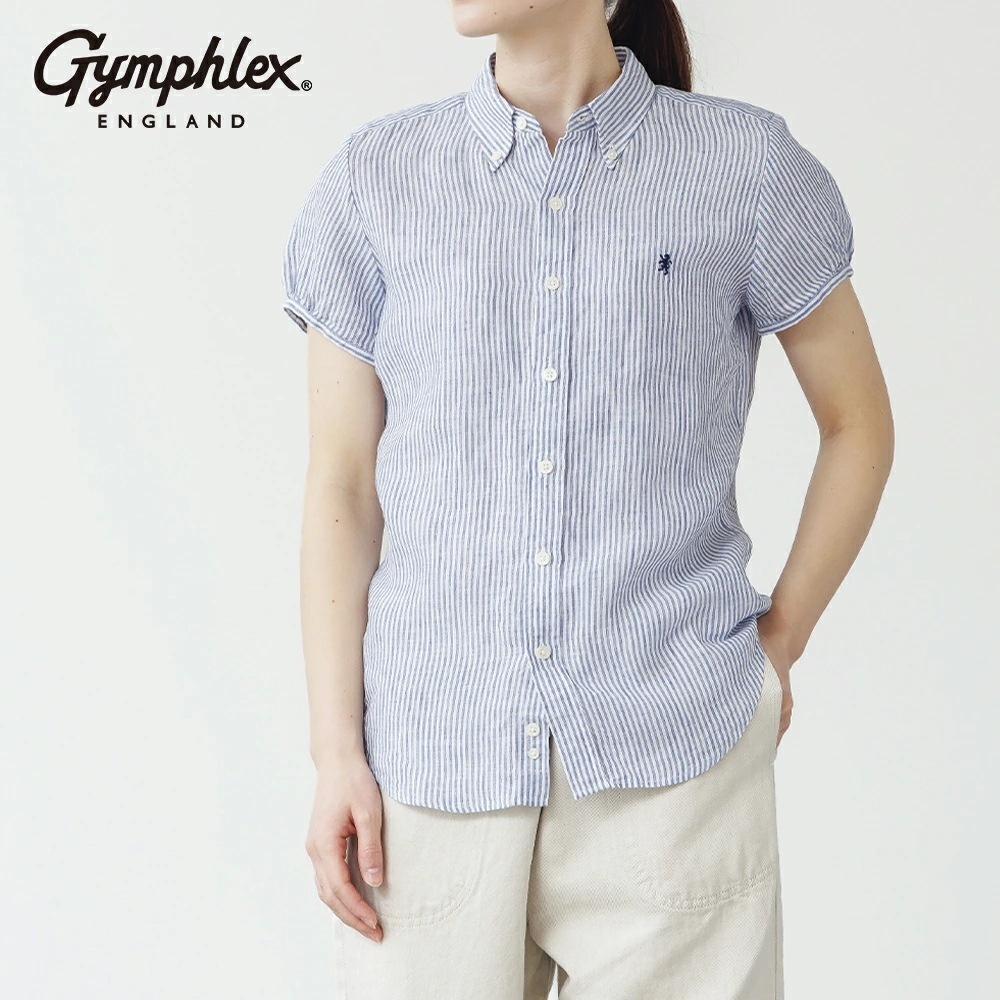 【2025春夏】ジムフレックス Gymphlex ボタンダウン リネン半袖シャツ ストライプGY-B0242LNP リネン ブラウス 半そで レディース 2025SS