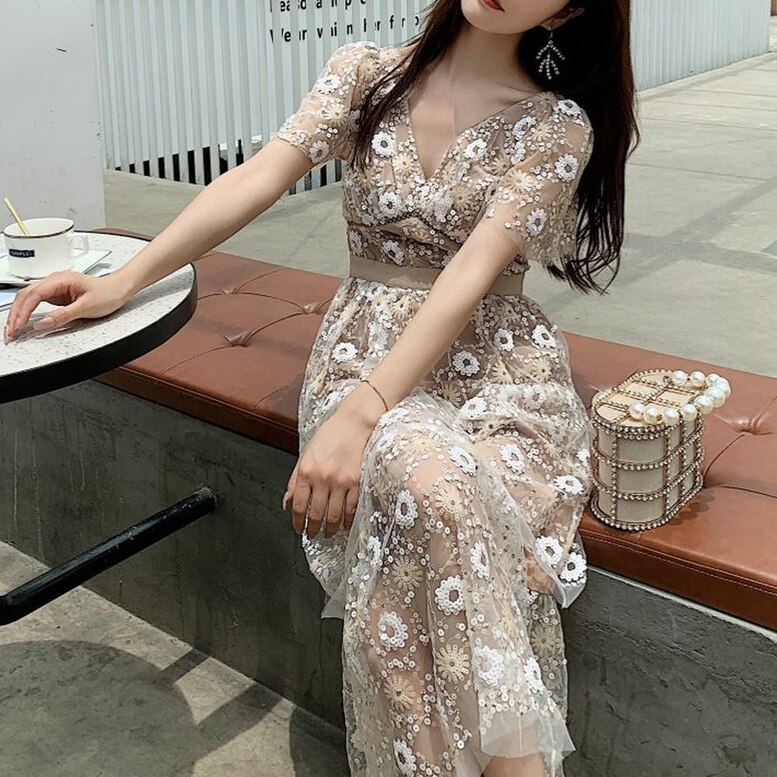 フラワーチュール Vネック レース フラワー ワンピース シルエットフラワーレース ワンピース フレ