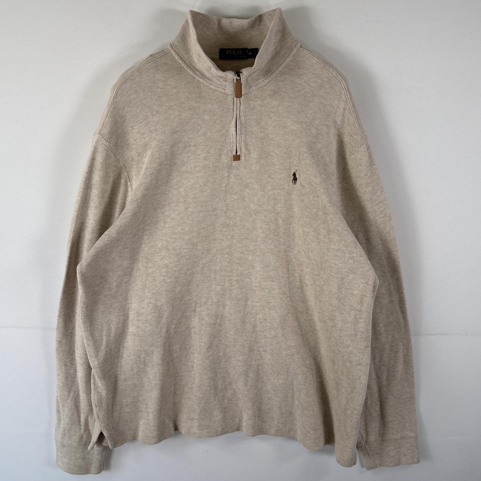 古着 ニット ハーフジップ トレーナー ワンポイントロゴ 大きいサイズ XL ベージュ メンズ