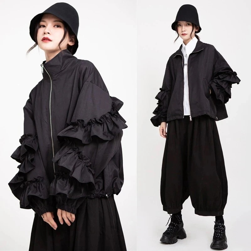 春秋 フリル ファスナー ジャケット ブラウン おしゃれ レディース トップス アウター カシミヤタッチ パフスリーブ オフィス 長袖 日焼け止め 韓国 ブラウス メガ割