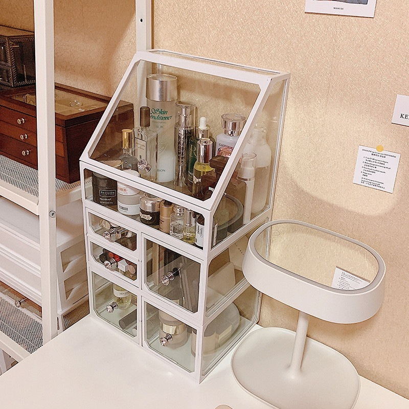 化粧台ガラス化粧品収納ボックス防塵ネット赤同じ口紅ブラシバケツデスクトップ透明棚