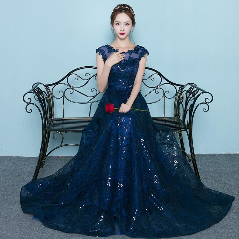 ロングドレス 半袖 カラードレス 安い パーティードレス 演奏会 結婚式 フォーマルドレス 二次会 花嫁 ロングドレス 発表会 ブライズメイドドレス 青 披露宴-442