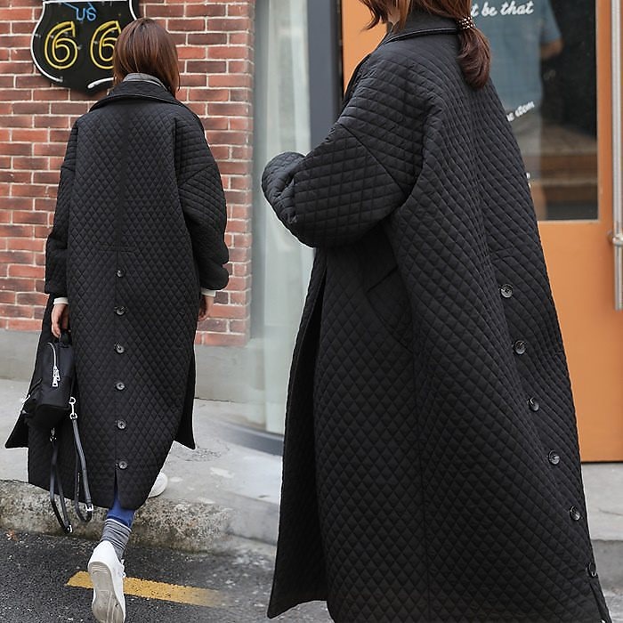 韓国 ファッション オーバーサイズ キルト ロング丈 コート 後ろボタン ゆったり 大人カジュアル
