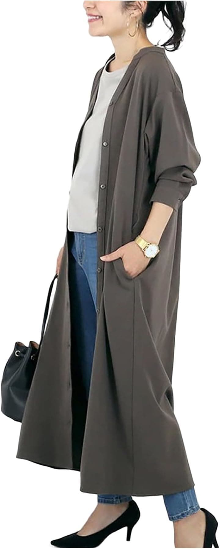 ゆったりロングワンピース シャツワンピ レディース 秋冬 長袖 きれいめ ウエストリボン( グレー, M)