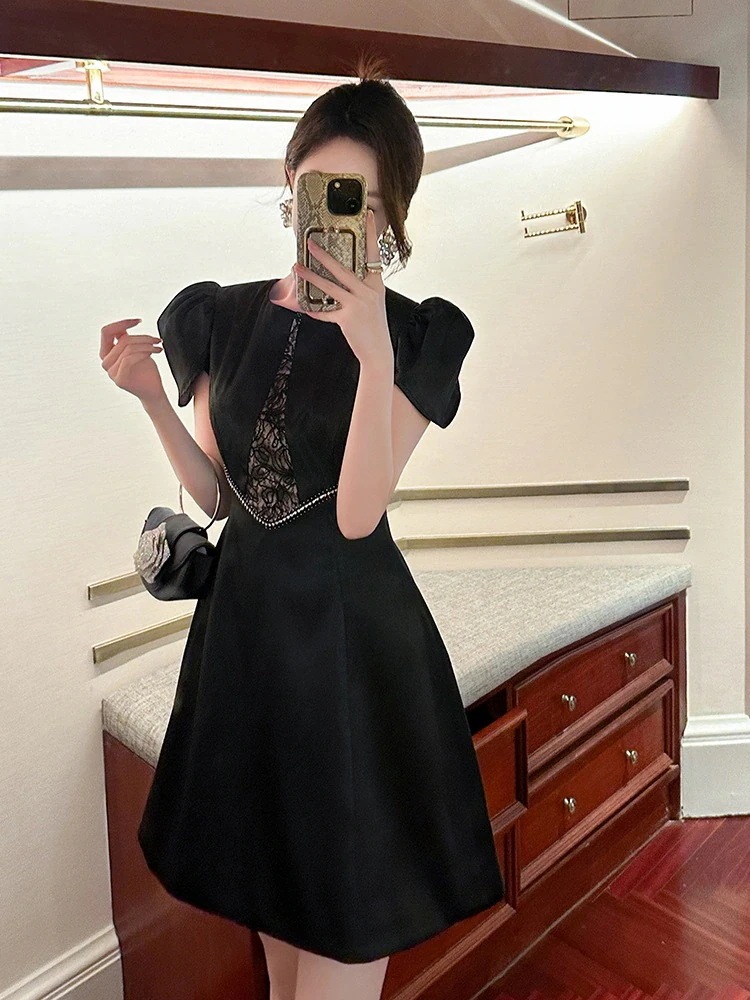 2025夏新品 黒 ショート Aライン ドレス パーティー キャバ 大人 同窓会 披露宴 卒業式 結婚式 演奏会 ウェディング 二次会 メガ割30%までに制限