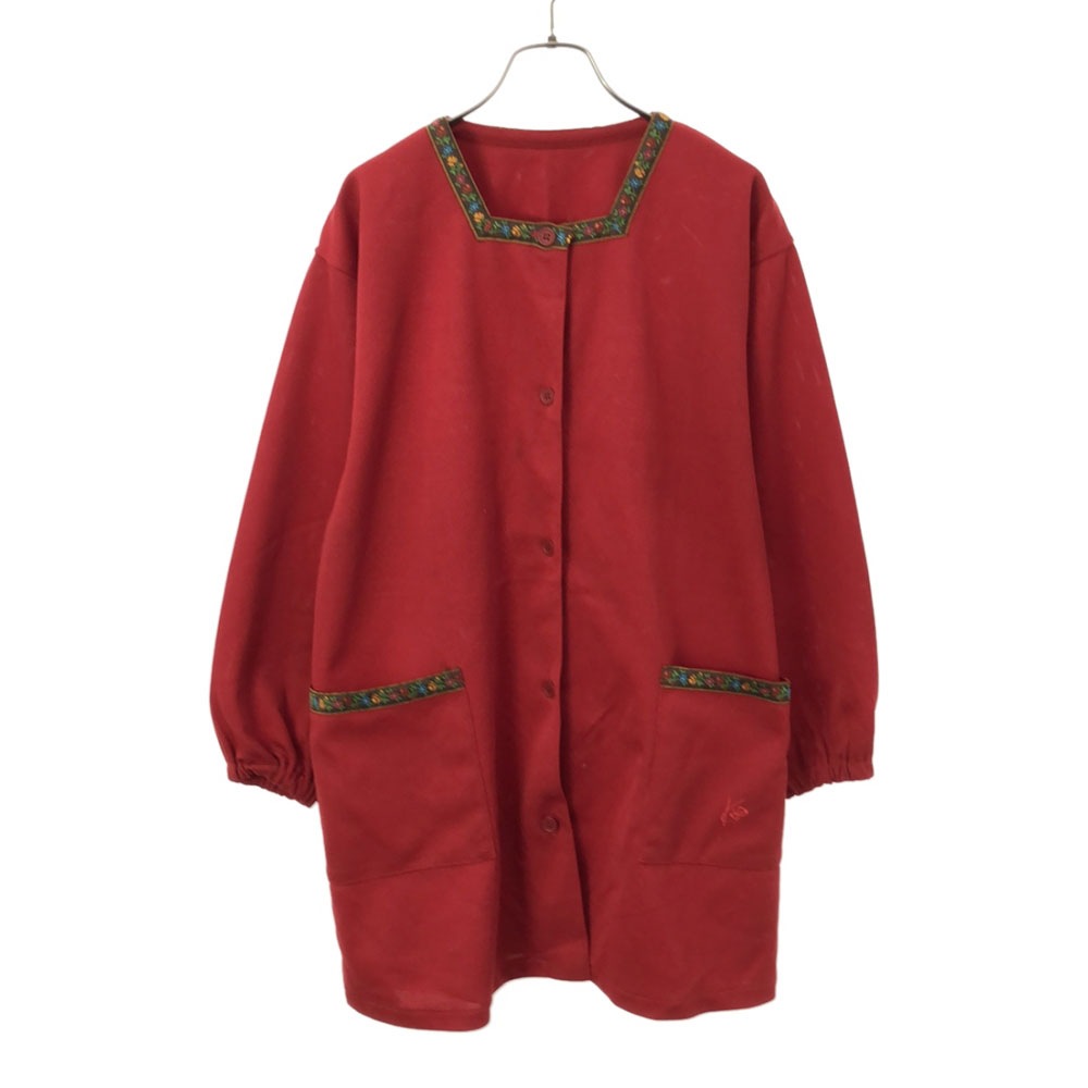 90s 日本製 オールド 刺繍 花柄 長袖 カーディガン レッド 日本エプロン協会 割烹着 レディース