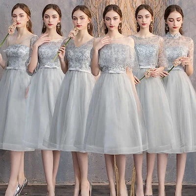 花嫁ロングドレスブライズメイド ドレス グレー お揃いドレス フォーマルドレス 体型カバー Vネック 母親 結婚式ワンピース 同窓会 パーティードレス 4,617円