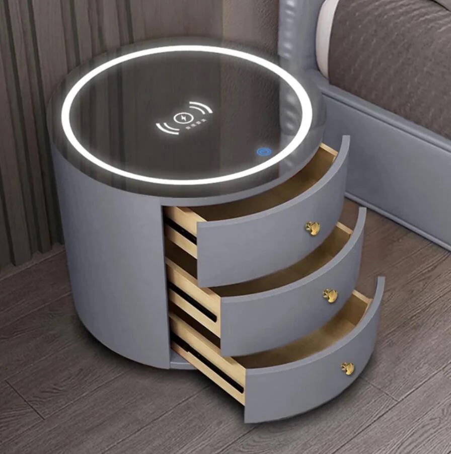 高級スマートテーブル　丸いテーブル電話ワイヤレス充電器ベッドサイドキャビネットラウンド木製ベッドサイドテーブルLEDライト付き