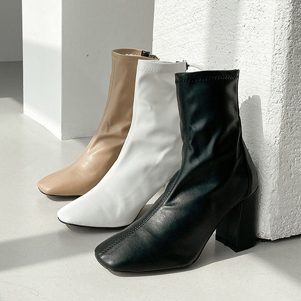 ショートブーツ スクエアトゥ バックジップ ストレッチ