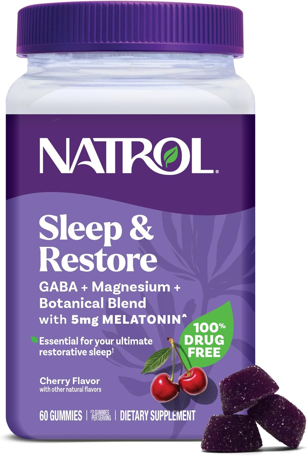 Natrol Sleep + Restore Magnesium Glycinate Blend Gummies with Melatonin 5mg Cherry 60 Gummies