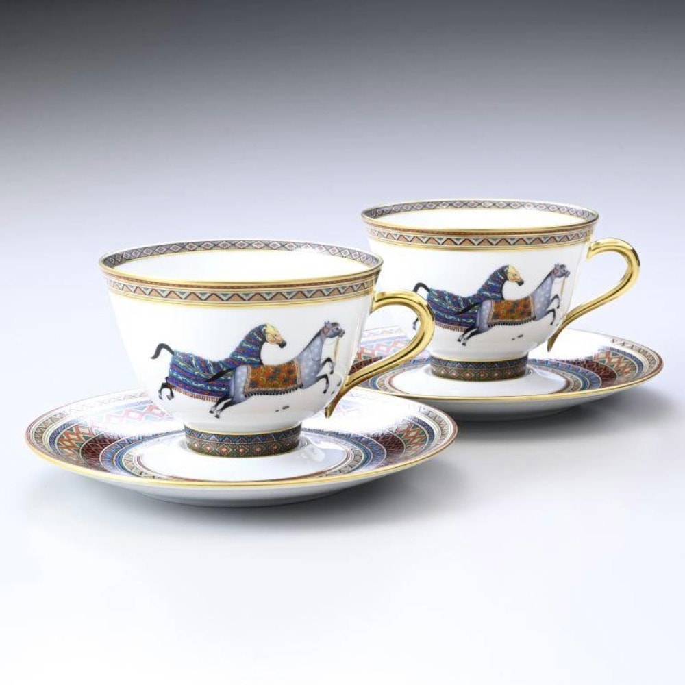 エルメス シュヴァルドリアン ティーカップ＆ソーサー ペア HERMES Cheval dOrient 9882 高級洋食器 ティーC/S 2客セット ブランド食器