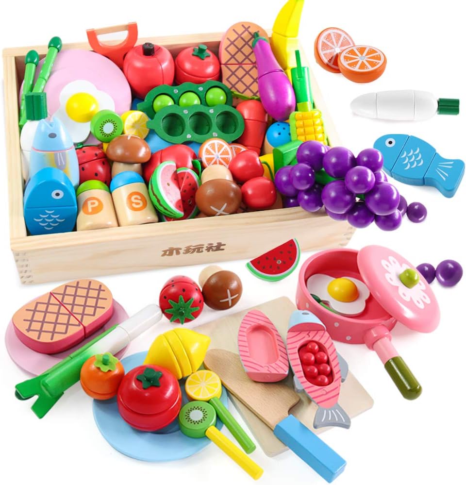 木玩社のままごと 知育玩具 天然木 お肉＆お魚＆果物＆食器セット 食品衛生法検査済 積み木 組み立て 切る遊び 木製おもちゃ 食器ボックス プレゼント ギフト