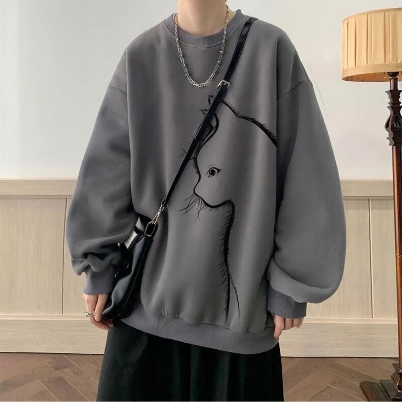 送料無料メンズキャットプリントスウェットシャツ,原宿ストリートウェア,ジョギングウェア,カジュアルウェア,シティウェア,秋のファッション