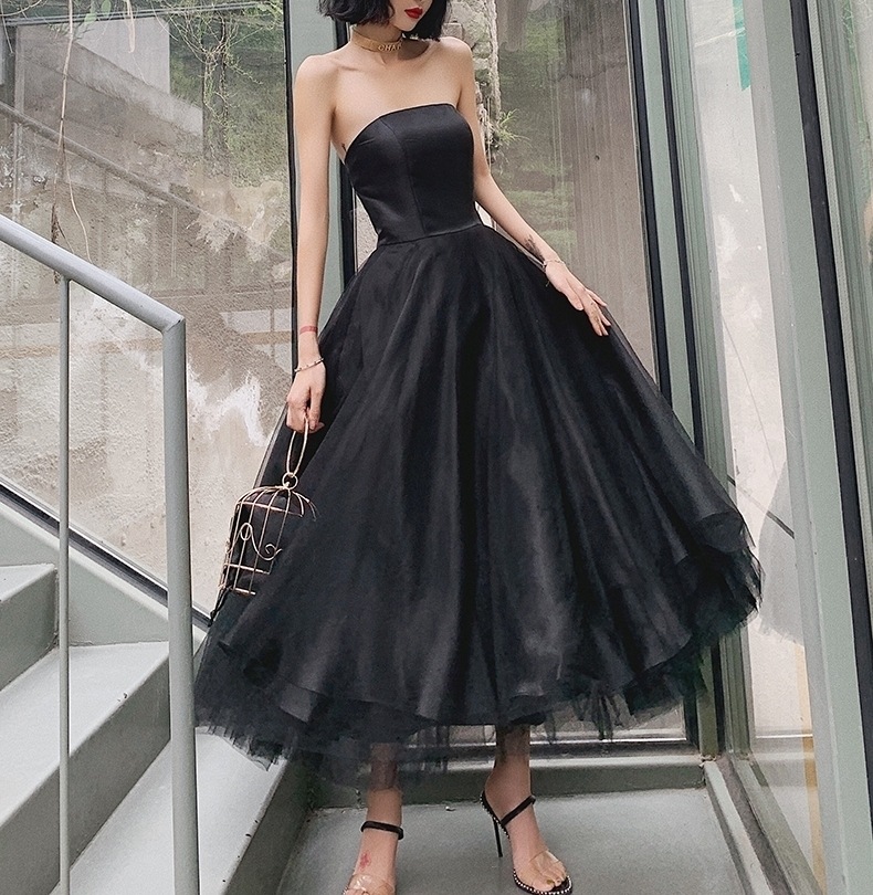 パーティードレス チュール ベアトップ 黒 韓国 結婚式 無地 ロング ホームパーティーアイテム レース 謝恩会 結婚式二次会 シースルー オフショルダー ノースリーブ かわいい 大人可愛い