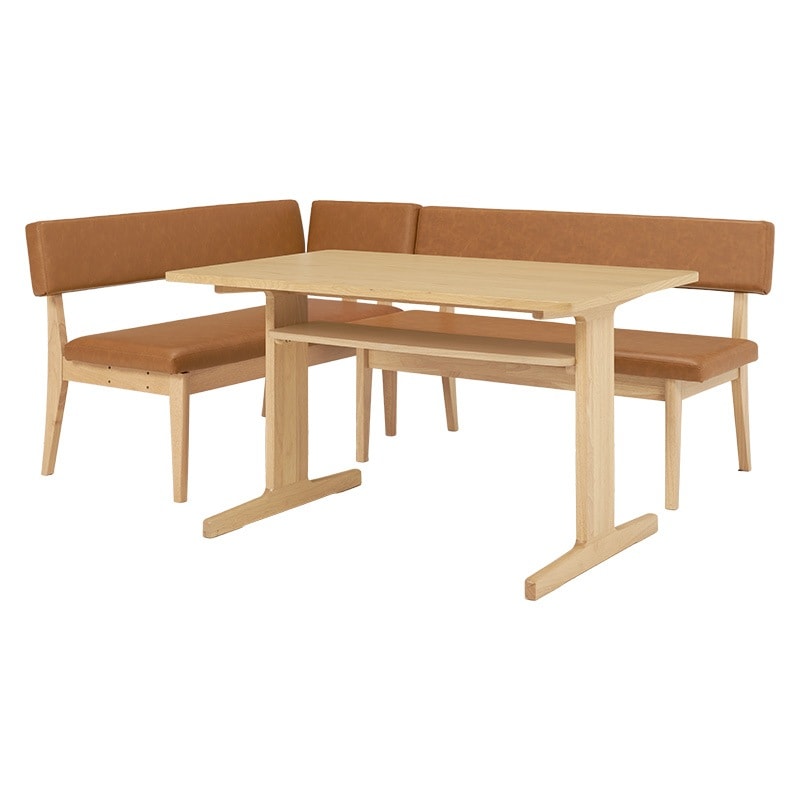L字ダイニング 3点セット （ダイニングテーブル幅110cm + 2人掛けベンチ + コーナーベンチ） 天然木オーク材 PVCレザー