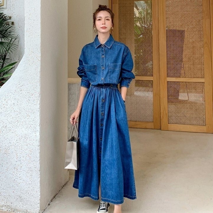 ワンピース デニム デニムワンピース ロング丈 長袖 襟付き 春 カジュアル 韓国 レディース オルチャン シャツワンピース 袖あり 前開き かわいい 大人可愛い ロングスカート シンプル