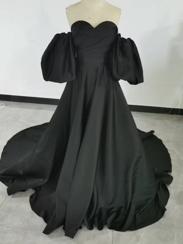 即納！パーティードレス 黑 パフスリーブ 取り外し袖 ベアトップ お呼ばれ/二次会 ト