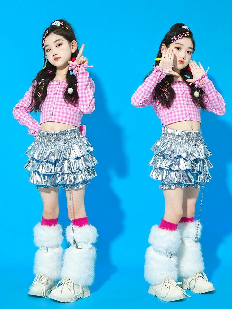 演出服 ダンスバトル 女の子 シルバースカート チェックシャツ 長袖シャツ 子供ダンス衣装光沢 発表会 へそ出し ダンス衣装セット HIPHOP かわい ヒップホップ風 ステージ衣装 3点 レッグカバ
