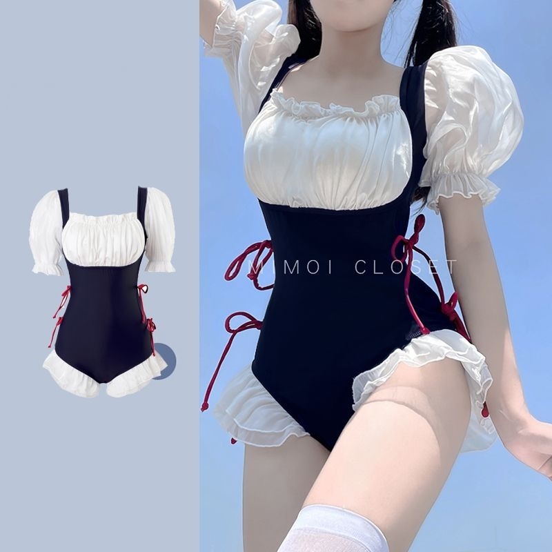 ロリータ レディース 水着 レオタード水着 ローレグ パッド付 かわいい リボン 小胸 露出控えめ ネイビー 夏 海 ビーチ プール 温泉旅行 M L XL