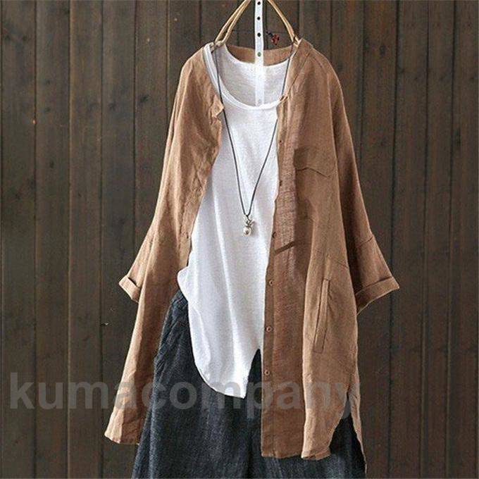 シャツ レディース 春夏　uv対策 長袖 ロング コーデ トップス ブラウス ボタンシャツ 冷房対策 綿麻 体型カバー メール便のみ