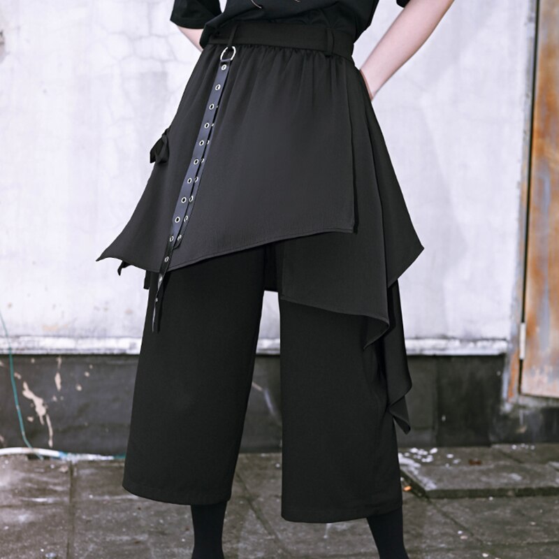 ワイドパンツ レディース 春夏 クロップドパンツ 黒 レイヤード風 飄逸 革飾り