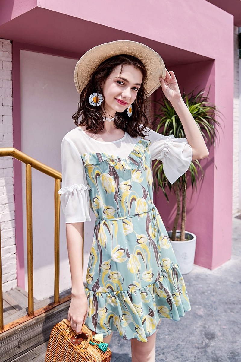 1214．花柄フリルシフォンワンピース（ブルー）