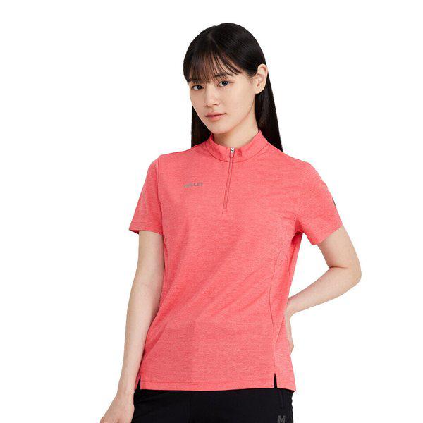 女性用夏のアウトドア機能性半袖 LD クールストライプ ジップアップ半袖Tシャツ チェリーピンク_CC