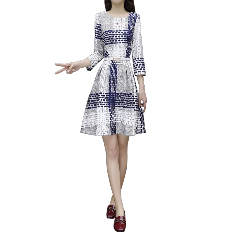 1159．チェック柄ラウンドネックワンピース（ブルー）