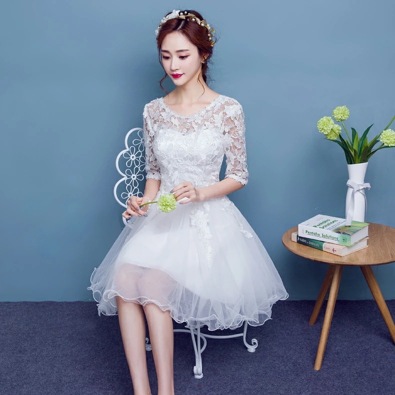 ウェディングドレス 五分袖 二次会 ミニドレス 結婚式 ショートドレス ブライダル ドレス ウエディングドレス 花嫁 エンパイア カラードレス パーティードレス 大きいサイズ 小きいサイズ 披露宴 発