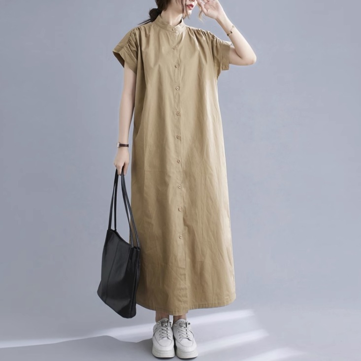 ワンピース シャツワンピース ロングワンピース マキシ丈 袖あり 半袖 ハイネック ポケット 前開き 綿 大人可愛い きれいめ シンプル カジュアル 大人 上品 おしゃれ レトロ 大人女子 こなれ感