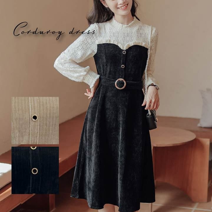 ワンピース レース コーデュロイワンピ 重ね着風 レディース ベルト付き ミディアム丈 長袖 ハイネック レースワンピ 秋冬バレンタイン 2025 プレゼント