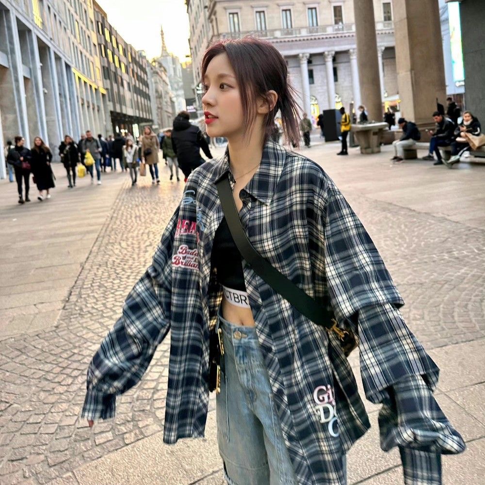 Song Yuqi チェック柄レターシャツ齢軽減長袖シャツ多用途カップルジャケットトップ