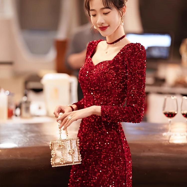 赤い乾杯ドレス花嫁スパンコール結婚式披露宴の帰りの婚約ドレス小柄な気質長い秋