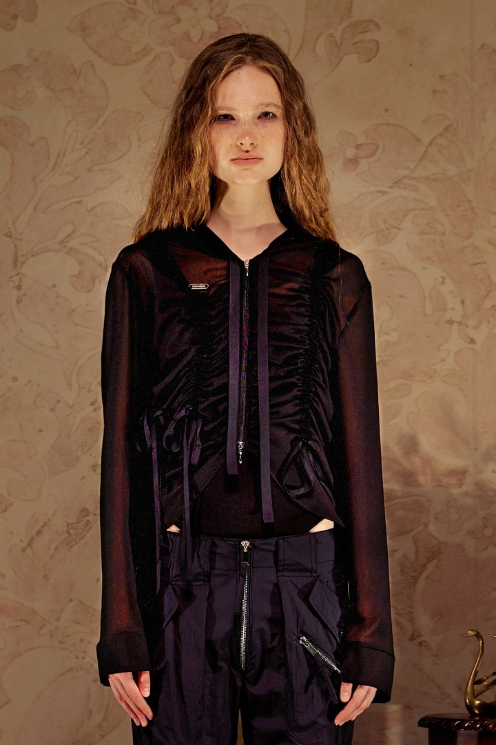 FW 22 SHIRRING CHIFFON HOODIE ZIP-UP-BLACK