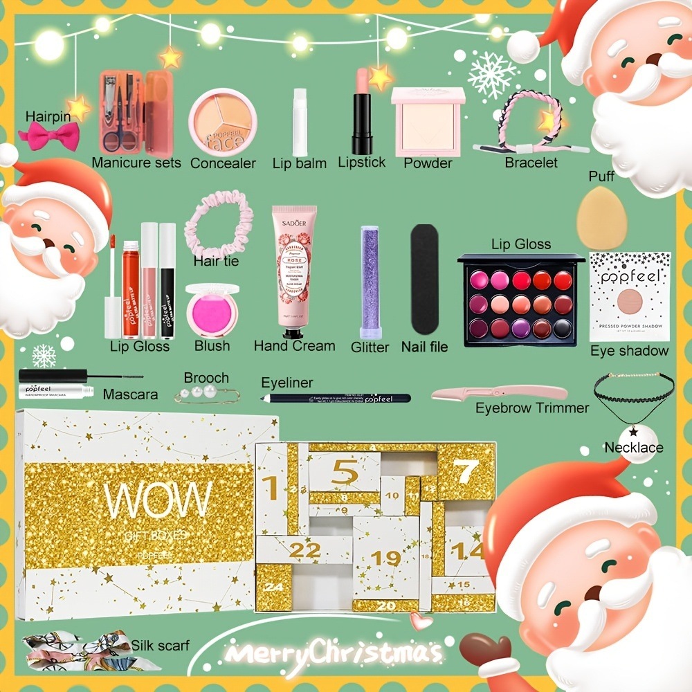 POPFEEL クリスマスカウントダウンメイクセット - 12/20/24点入りホリデービューティギフトボックス（リップグロスアイシャドウマスカラブラッシュ付き）- ピンク・レッド・ゴールド・グリーン