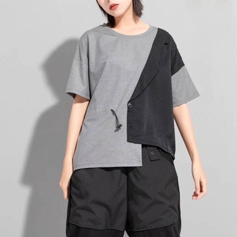 アシンメトリー アンバランスヘム Tシャツ レディース トップス カットソー オーバーサイズ ミディアム丈 5分袖 ドロップショルダー ラウンドネック 襟なし ドロストコード ジャケット風テーラードカ