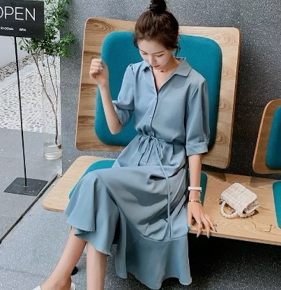 キュート半袖シャツワンピース ワンピース ミモレ丈 袖あり 半袖 パフスリーブ 綿 リネン 爽やか スタイル 可愛い きれいめ シンプル カジュアル 上品 おしゃれ かっこいい レトロ